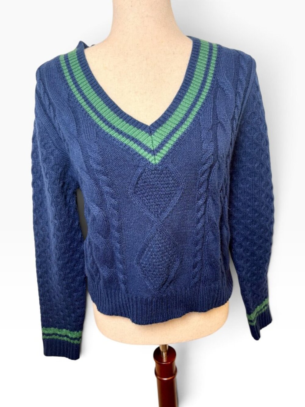 Monteau Navy Green Cricket Varsity Cable Knit V Neck Sweater Size Large